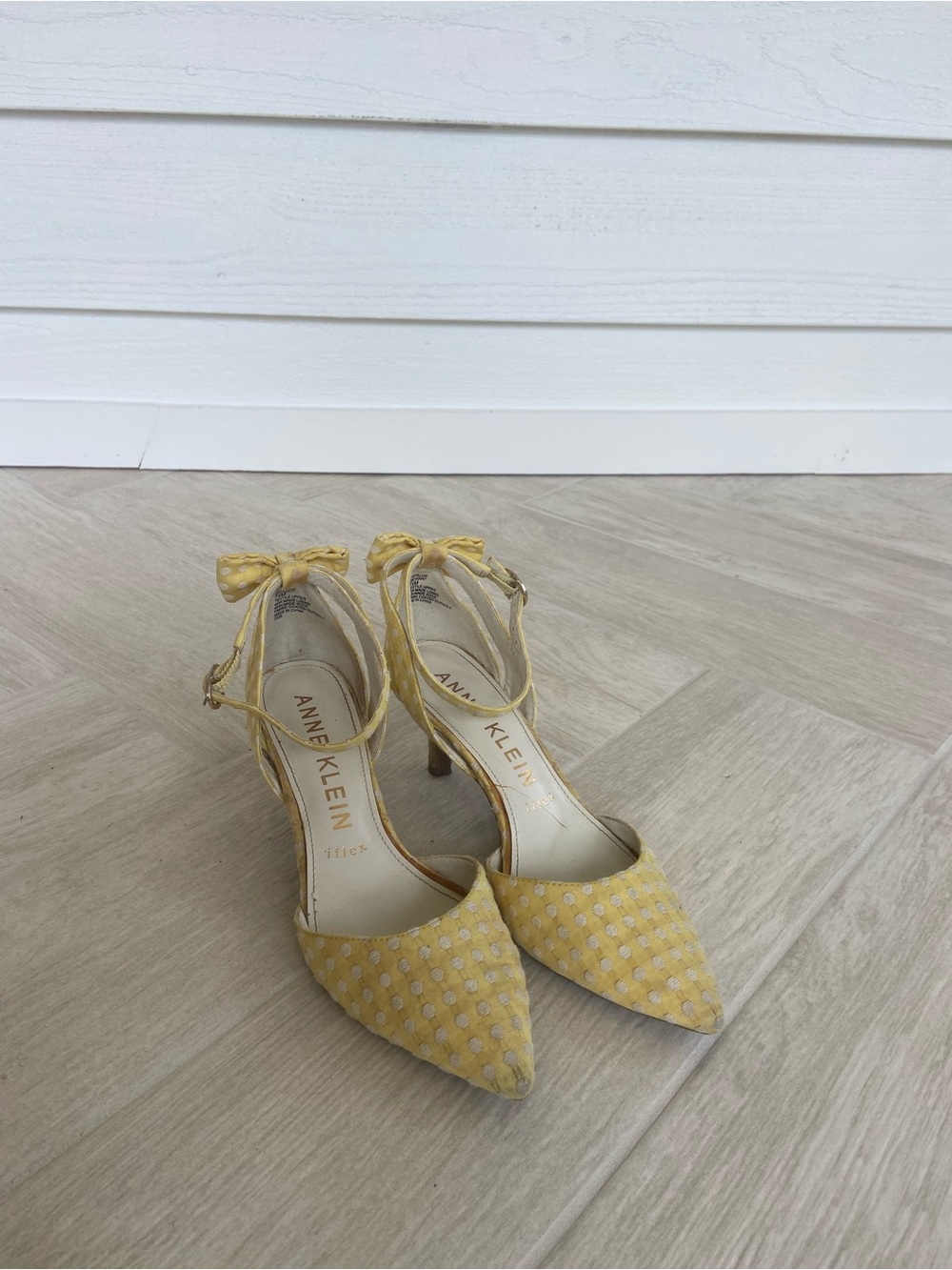 Anne Klein Yellow Pointed-Toe Ankle-Tie Heels with Polka Dot Texture